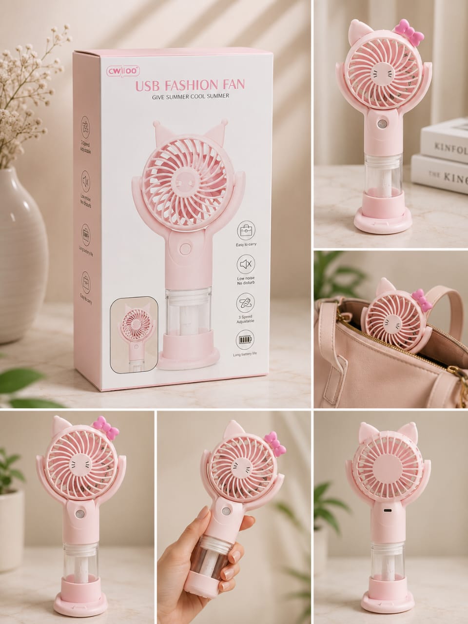 Cute Cat Ear USB Rechargeable Handheld Mist Fan – Portable Mini Cooling Fan with Water Spray, 3 Speed