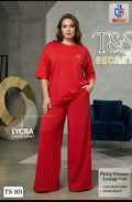 **Women’s Red Lycra Viscose 2-Piece Lounge Suit – Flowy Trouser Set**