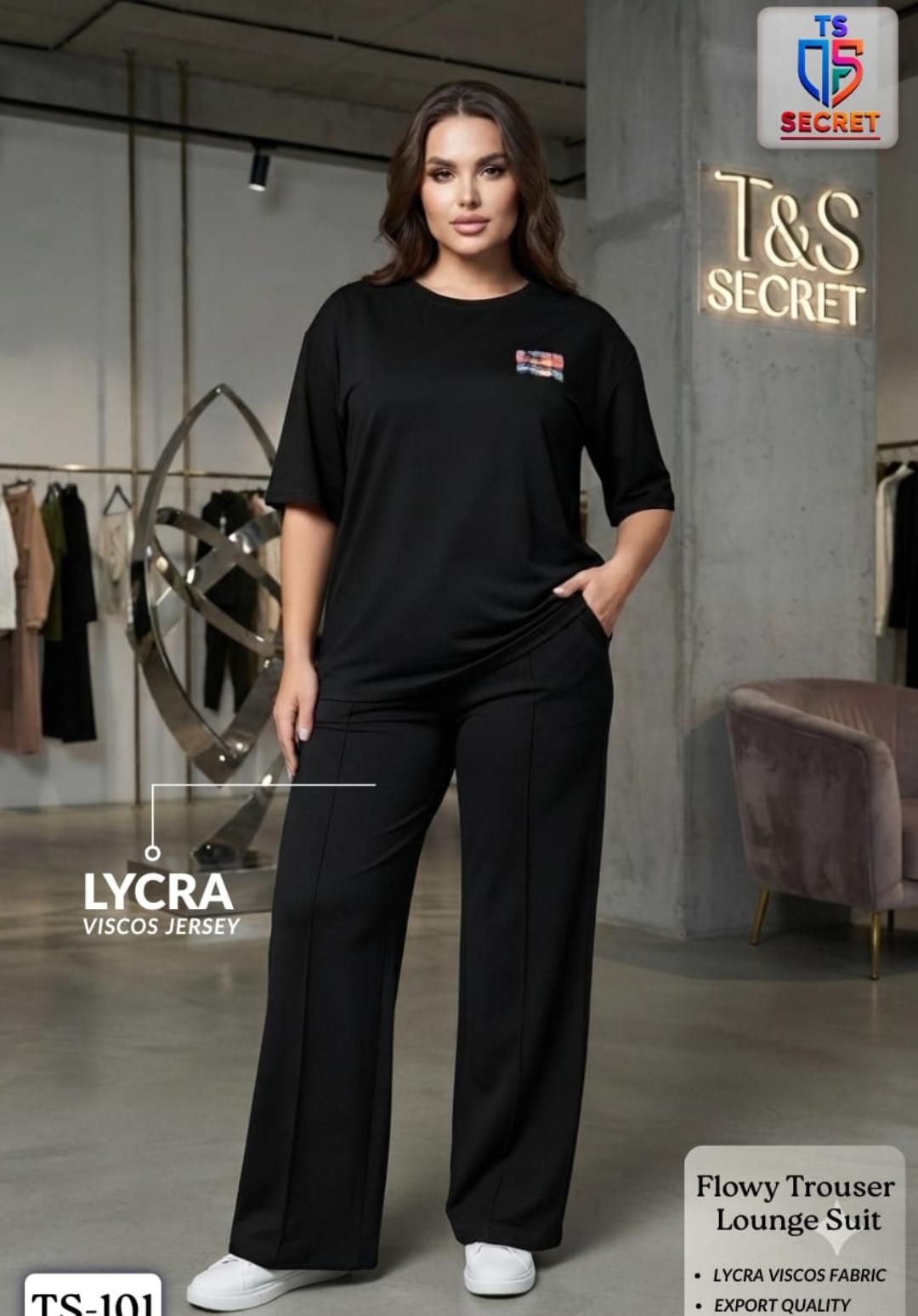 **Women’s Black Lycra Viscose 2-Piece Lounge Suit – Flowy Trouser Set**