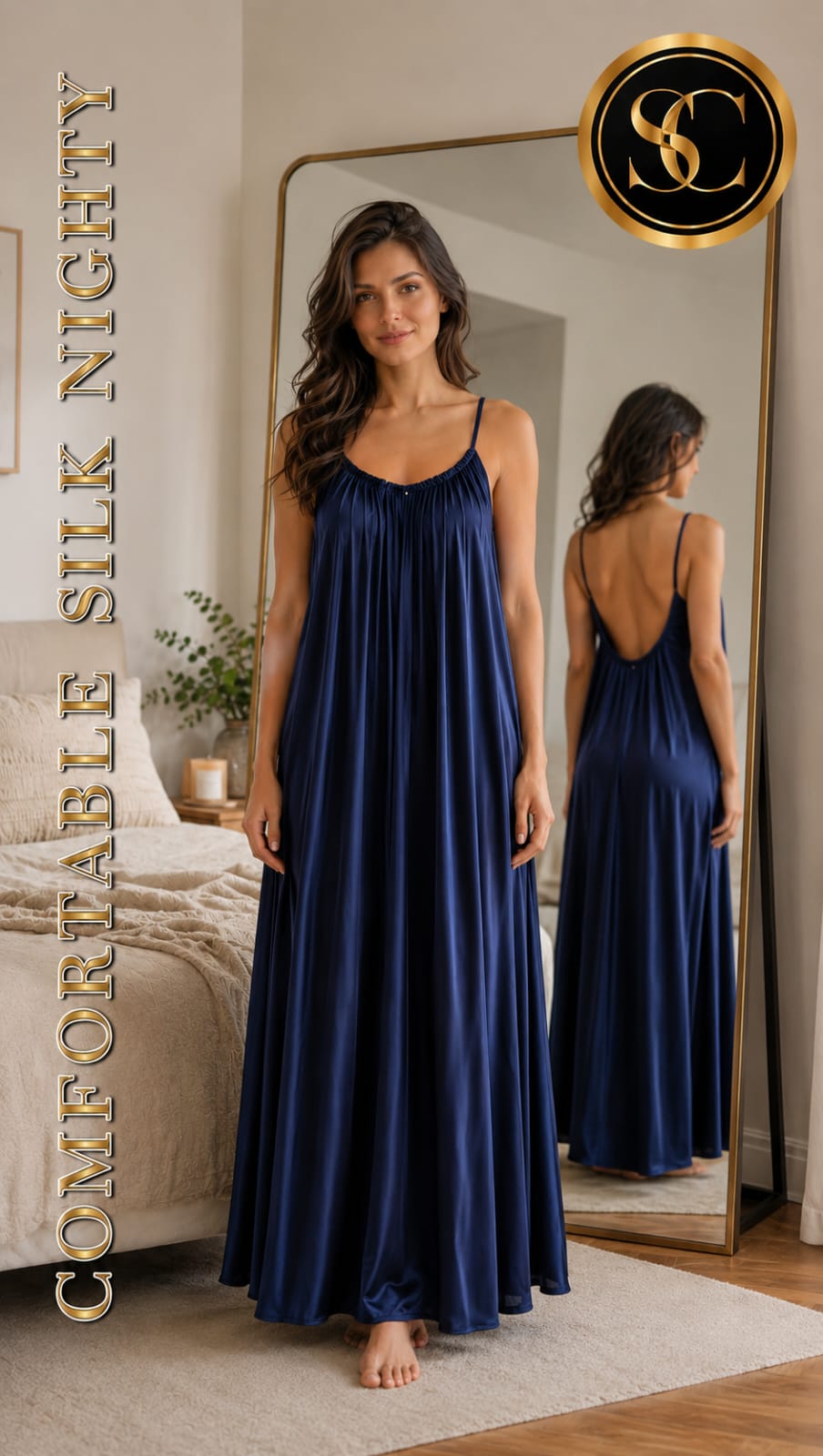 **Women’s Navy Blue Silk Maxi Nightdress – Elegant & Comfortable Sleepwear**
