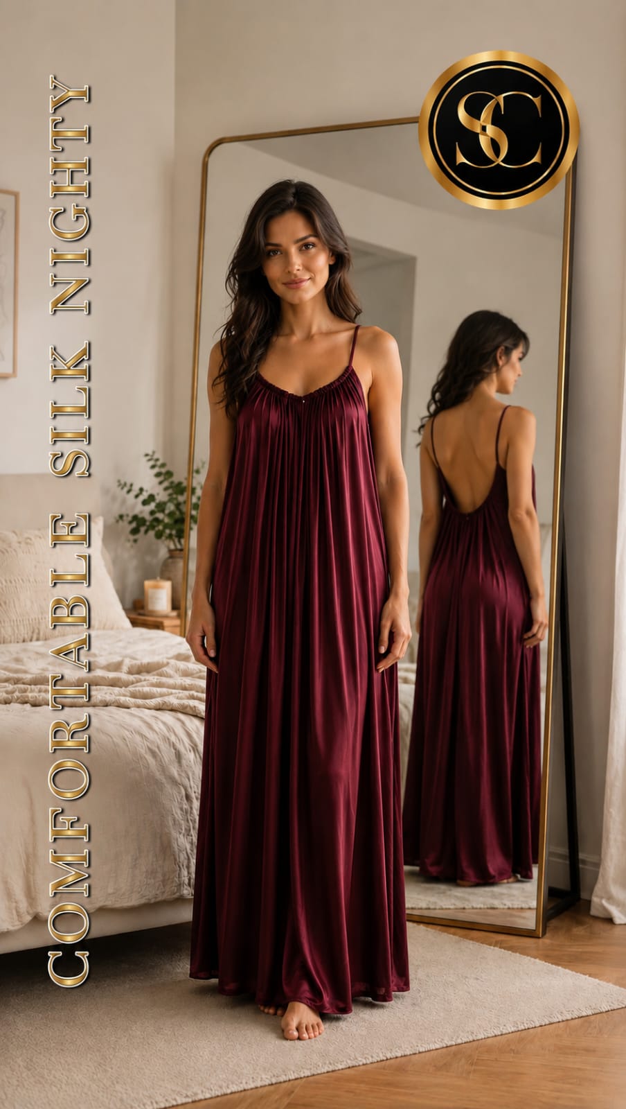 **Women’s Maroon Silk Maxi Nightdress – Elegant & Comfortable Sleepwear**