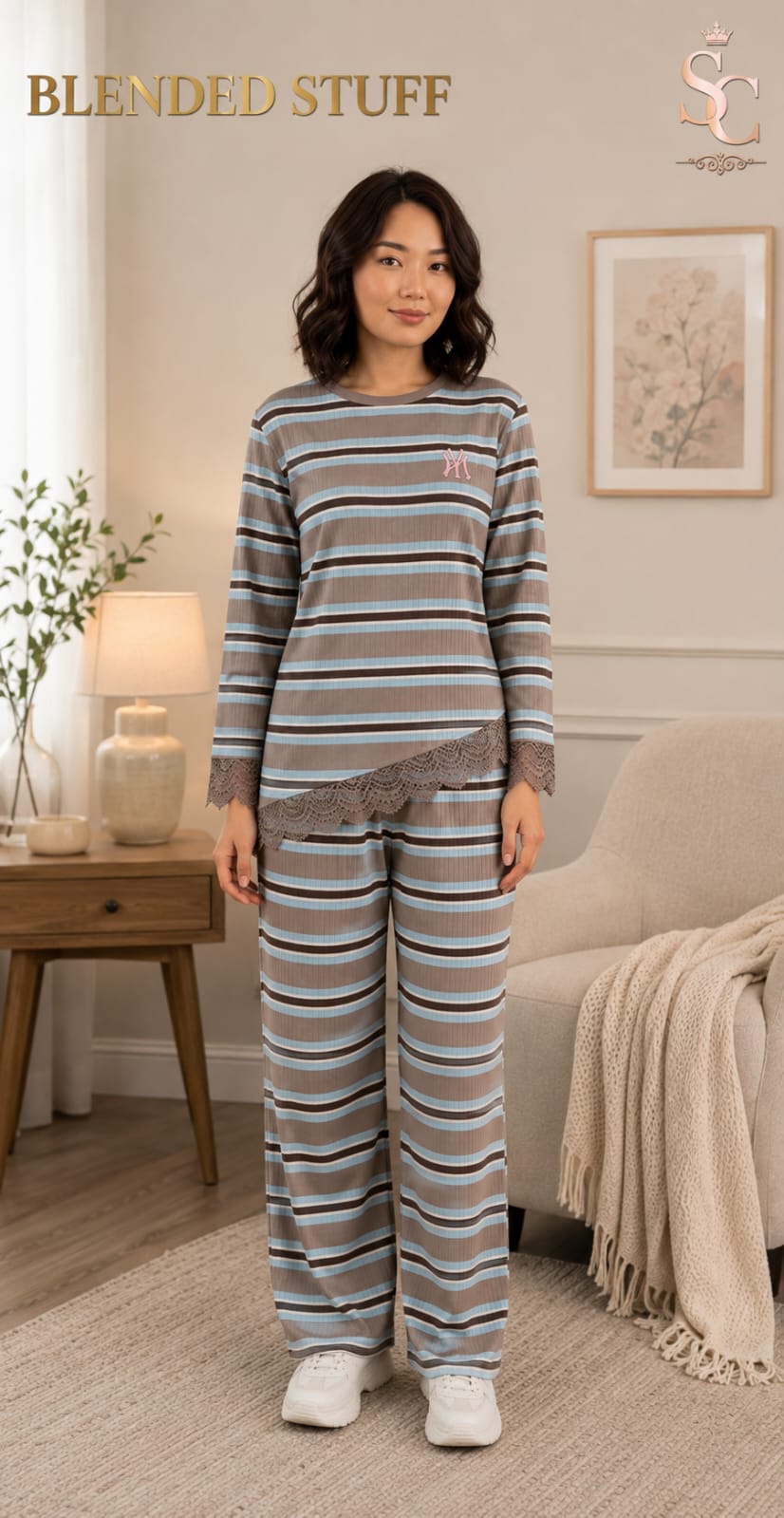 **Women’s Brown Striped 2-Piece Night Suit – Soft & Comfortable Lounge Set**