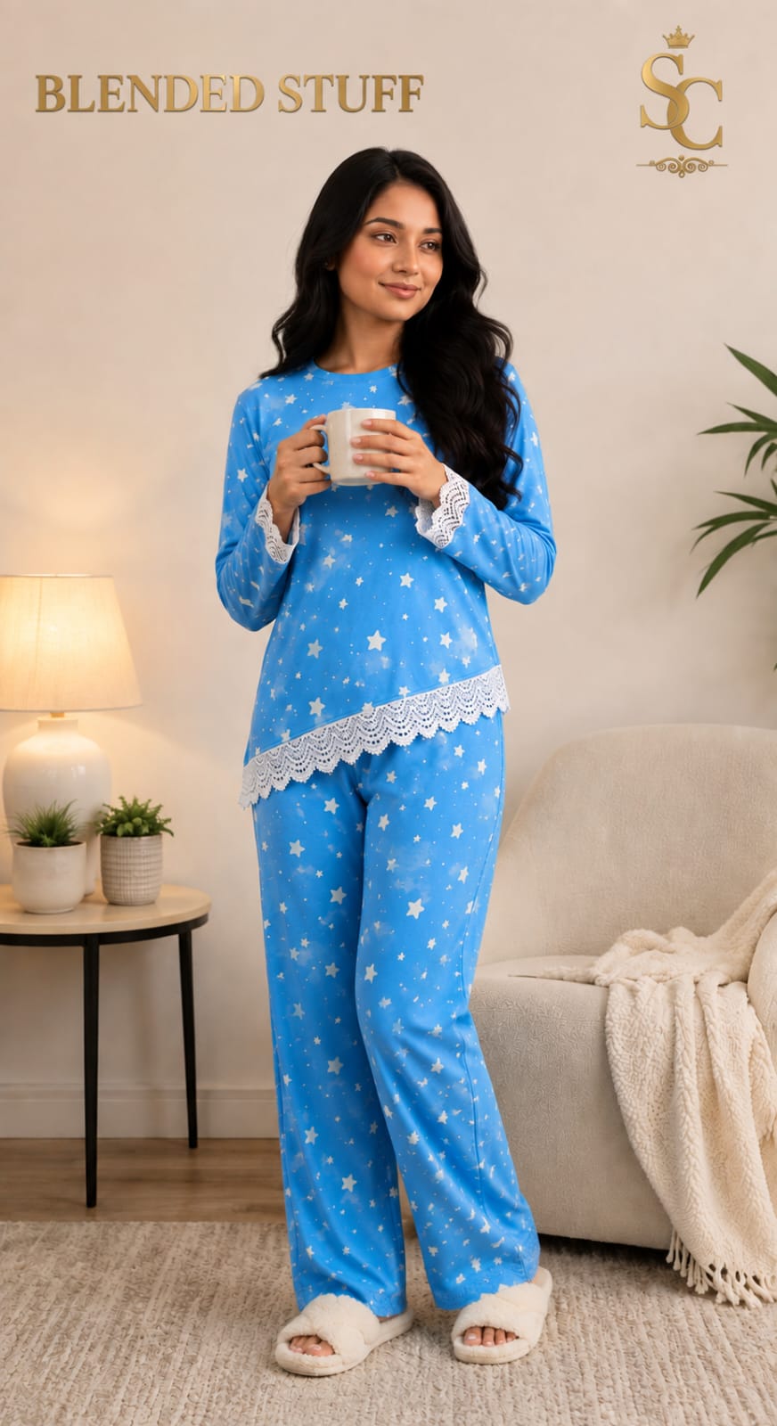 **Women’s Blue Star Print 2-Piece Night Suit – Soft & Comfortable Lounge Set**